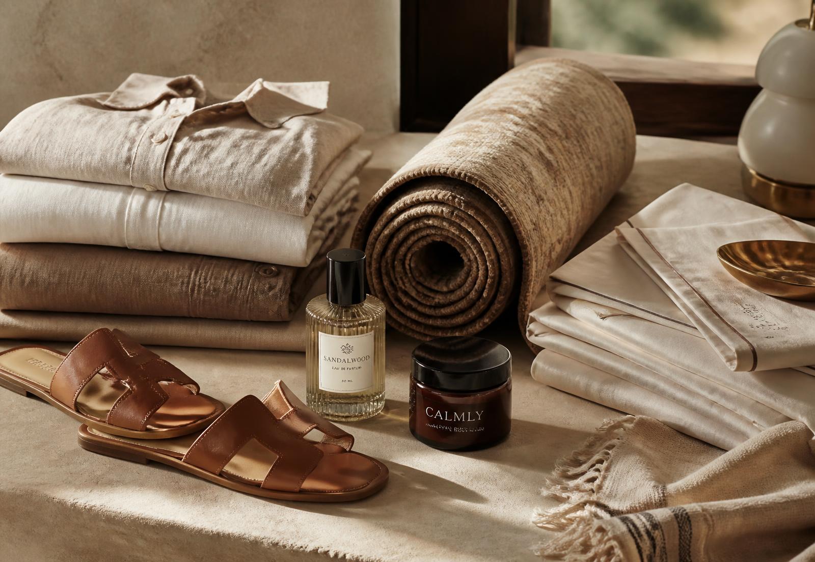 Folded clothes, rolled rug, perfume, sheets and sandals in a bright interior